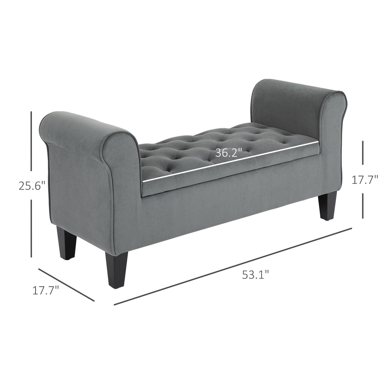 Demi Bonn 53" Tufted Storage Ottoman Bench with Upholstery and Rolled Armrests for Living Room and Hallway Spaces, Comfy Seating with Hidden Storage, Gray