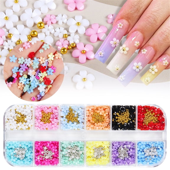 CPHDW7 Nail Art Flower Charms, Chunky Glitter Flakes and 3D Five-Petal Resin Gems for Nail Decoration, Sparkle Rhinestone Accents for Home Salon Design and Craft Projects