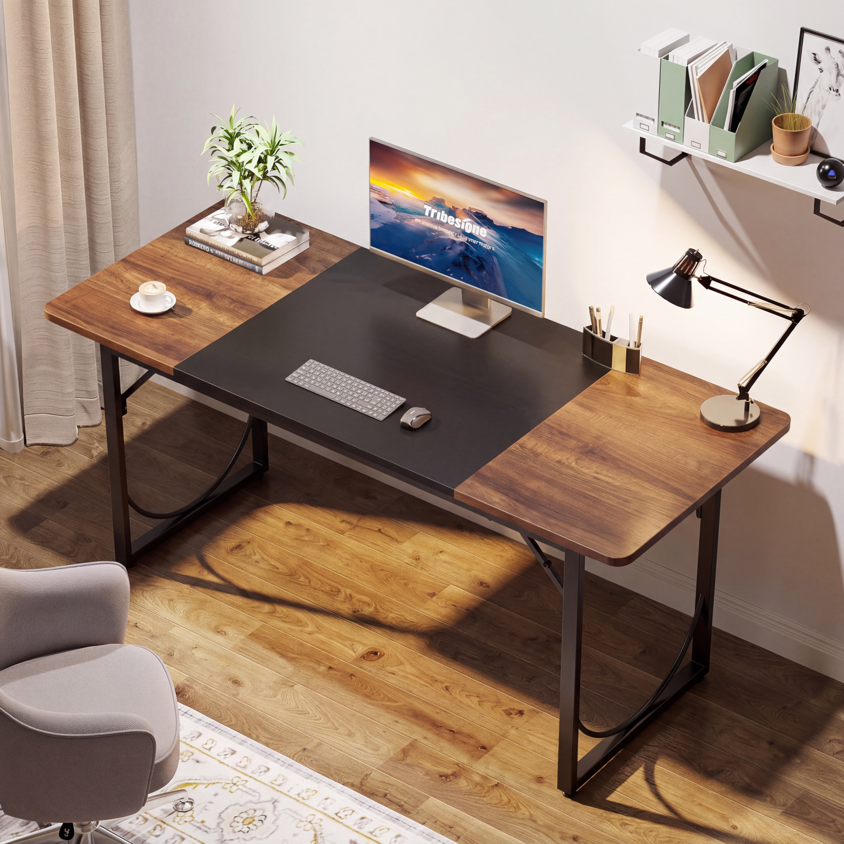 Pinmoco 63" Executive Desk with Metal Frame, Black and Walnut photo 8