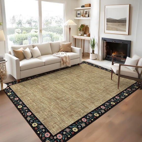 10x13 Yellow Floral Border Non-slip Washable Farmhouse Area Rug