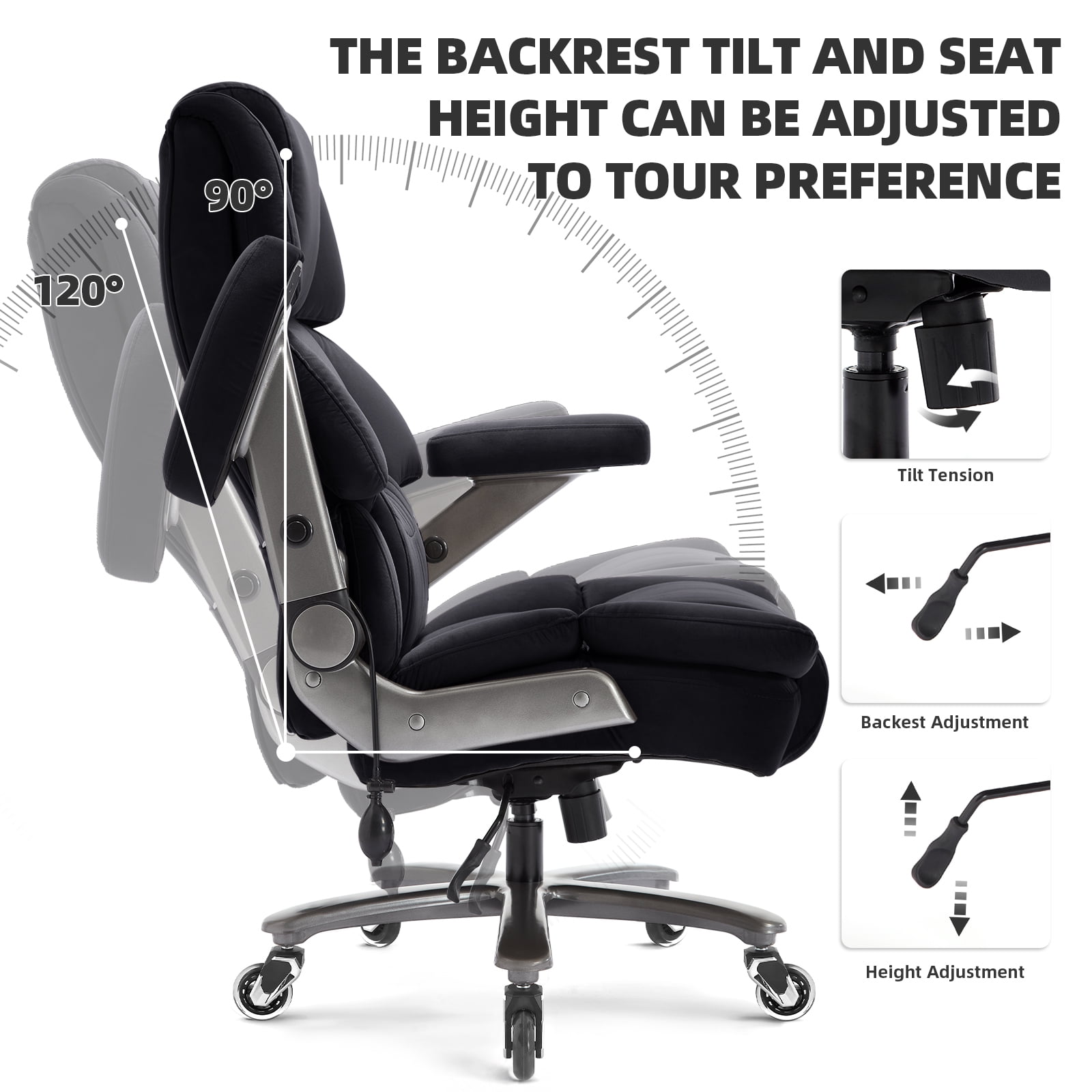 Big and Tall 700lbs Office Chair, Fabric Heavy Duty Executive Chair with 3D Flip up Armrests Adjustable Lumbar Support Large Rubber Wheels, Extra Wide High Back Computer Desk Chair, Black