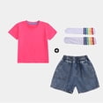 thumbnail image 2 of Babcutegg Denim Shorts and Matching Short Sleeve Top Set with Solid Color Socks – Unisex Casual Kids Fashion Outfit for Everyday Wear Hot Pink Size 7, 2 of 10