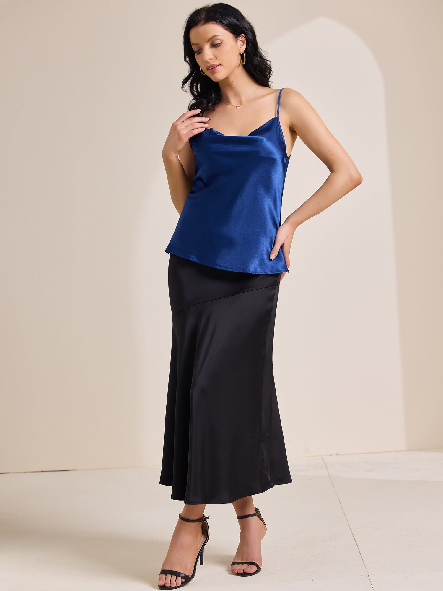 DARING DIVA Women's Satin Cowl Neck Silk Sleeveless Tank Top XL Dark Blue