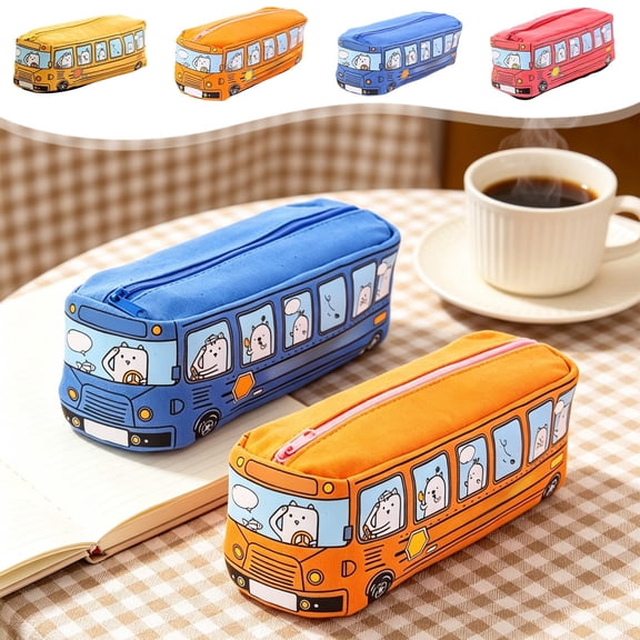 Under $1 Pencil Case, Bus Shaped Creative Korean Cartoon Canvas Pen Pouch, Large Capacity Stationery Bag for Young Learners by PALIFEUR