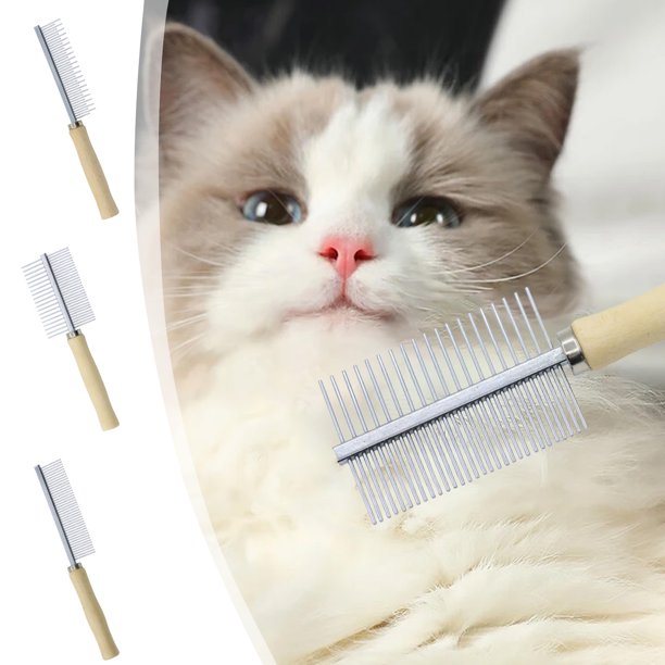 Peine de Madera y Acero Inoxidable para Mascotas | Peine de Doble Gama | Peine de Dientes Altos y Bajos | Peine para Gatos | Peine para Pelo Brillante | Beige/Plateado | 19,8 X 3,5 X 1 Cm | 47 G | Fá