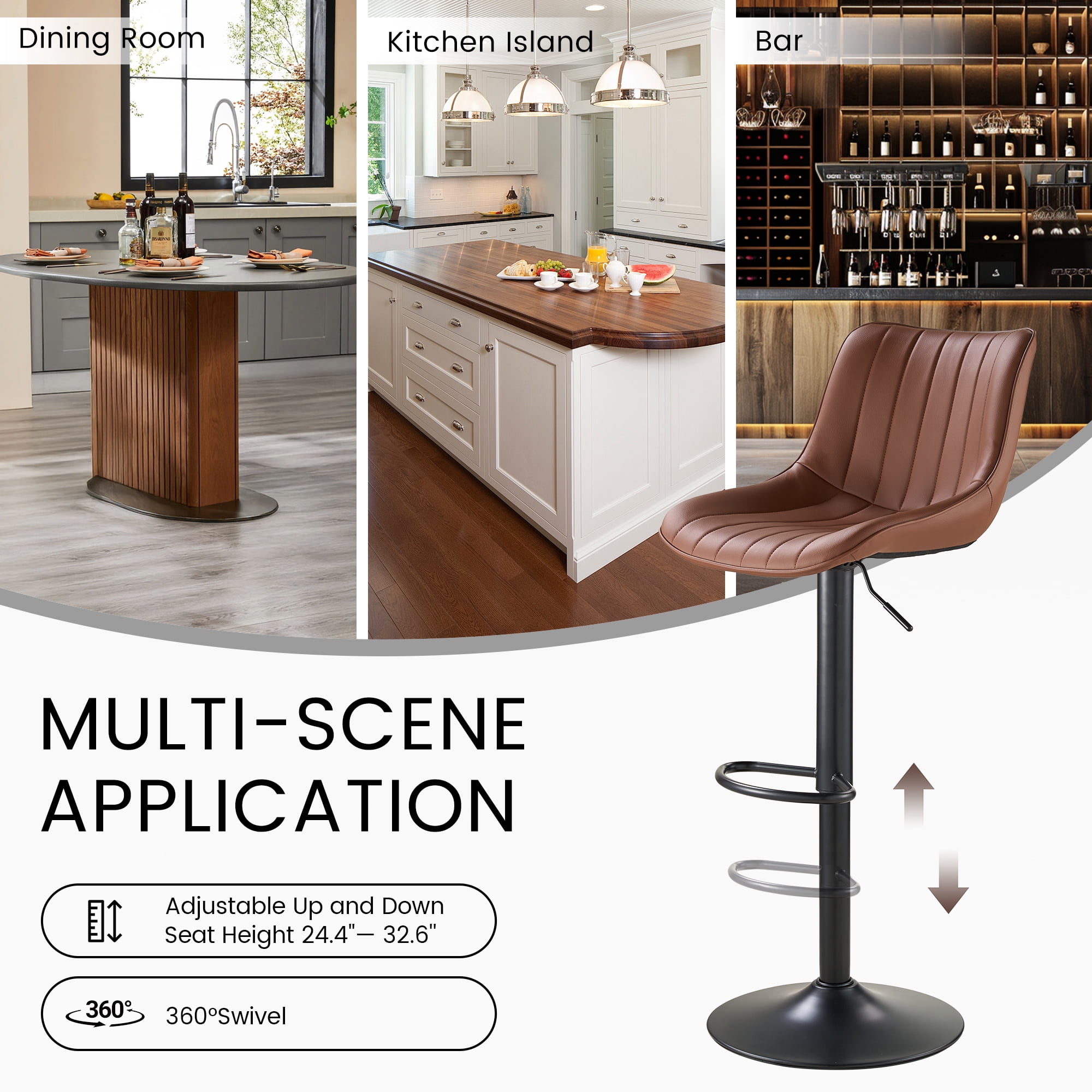 SAETSFEG Bar Stools Set of 2, Adjustable Swivel Counter Height Bar Stool with Footrest, Modern PU Leather Bar Chairs for Kitchen Island, Dining Room, Brown