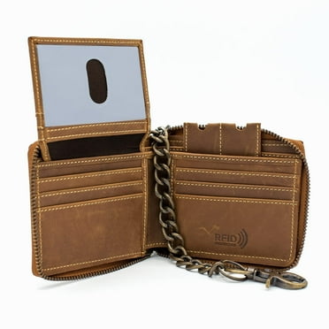 RFID Men's Leather Zipper Wallet Zip Around Chain Wallet Bifold