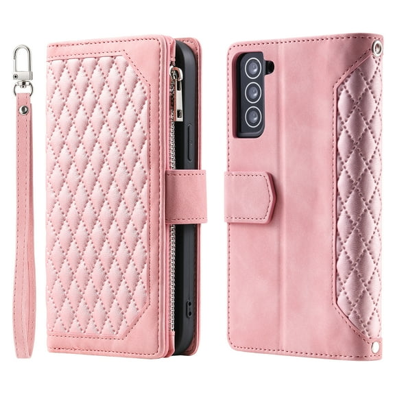 Mantto for Samsung Galaxy S21 Wallet Case with Shoulder/Wrist Strap,Shockproof High Capacity Purse Card Slots Flip Kickstand Phone Case Cover,Rosegold
