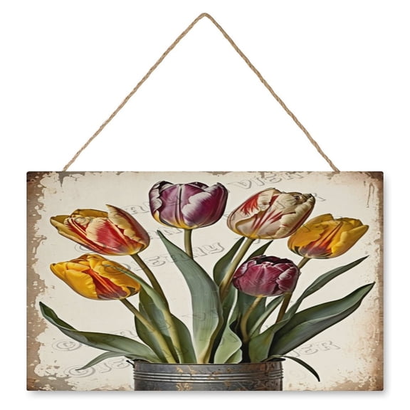 Tulip Wall Art Wooden Sign Flower Decor Rustic Farmhouse Decor Vintage Pictures for Bedroom Bathroom Kitchen Wall Decorations Bar Interior Decor 10"x16" Wooden Hanging Signs