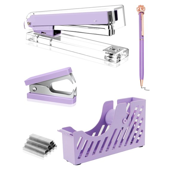 Creechwa Purple Desk Accessory Kit, Acrylic Stapler Set, Office Supplies Set for Women and Student, with Tape Dispenser, Staple Remover, Ballpoint Pen, 1000 Staples, Gift Bag and Gift Boxes