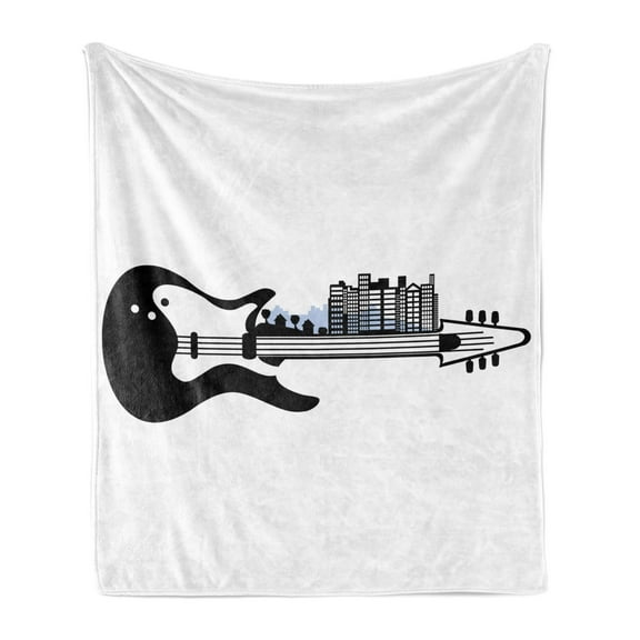 Guitar Soft Flannel Fleece Blanket, Modern Illustration of a Musical Instrument and City Skyline Rock and Roll, Cozy Plush for Indoor and Outdoor Use, 60" x 80", Charcoal Grey White, by Ambesonne