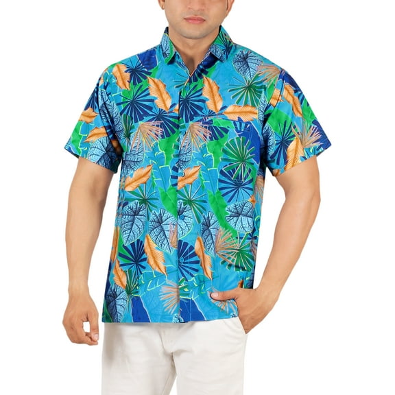 HAPPY BAY Men's Hawaiian Shirts Short Sleeve Button Down Shirt Mens Summer Shirts Casual Beach Holiday Hawaii Island Shirts for Men Funny M Allover Leaves, Blue