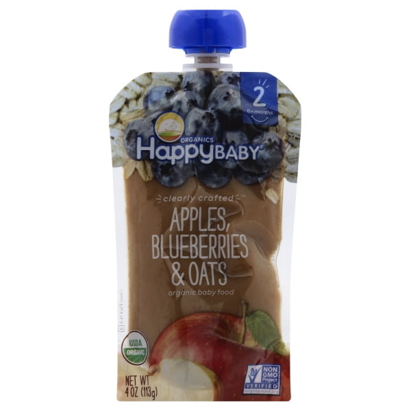 Happy Family Clearly Crafted Organic Non-GMO Stage 2 Baby Food, Apples Blueberries & Oats, 4 oz Pouch