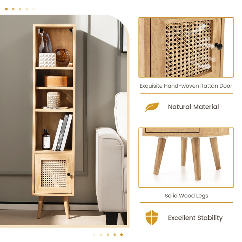 Finihen Storage Cabinet, Sideboard Storage Cabinet, 4 Tiers Rattan Storage Cabinet with Slim Design, for Living Room, Bedroom, Entryway, Natural