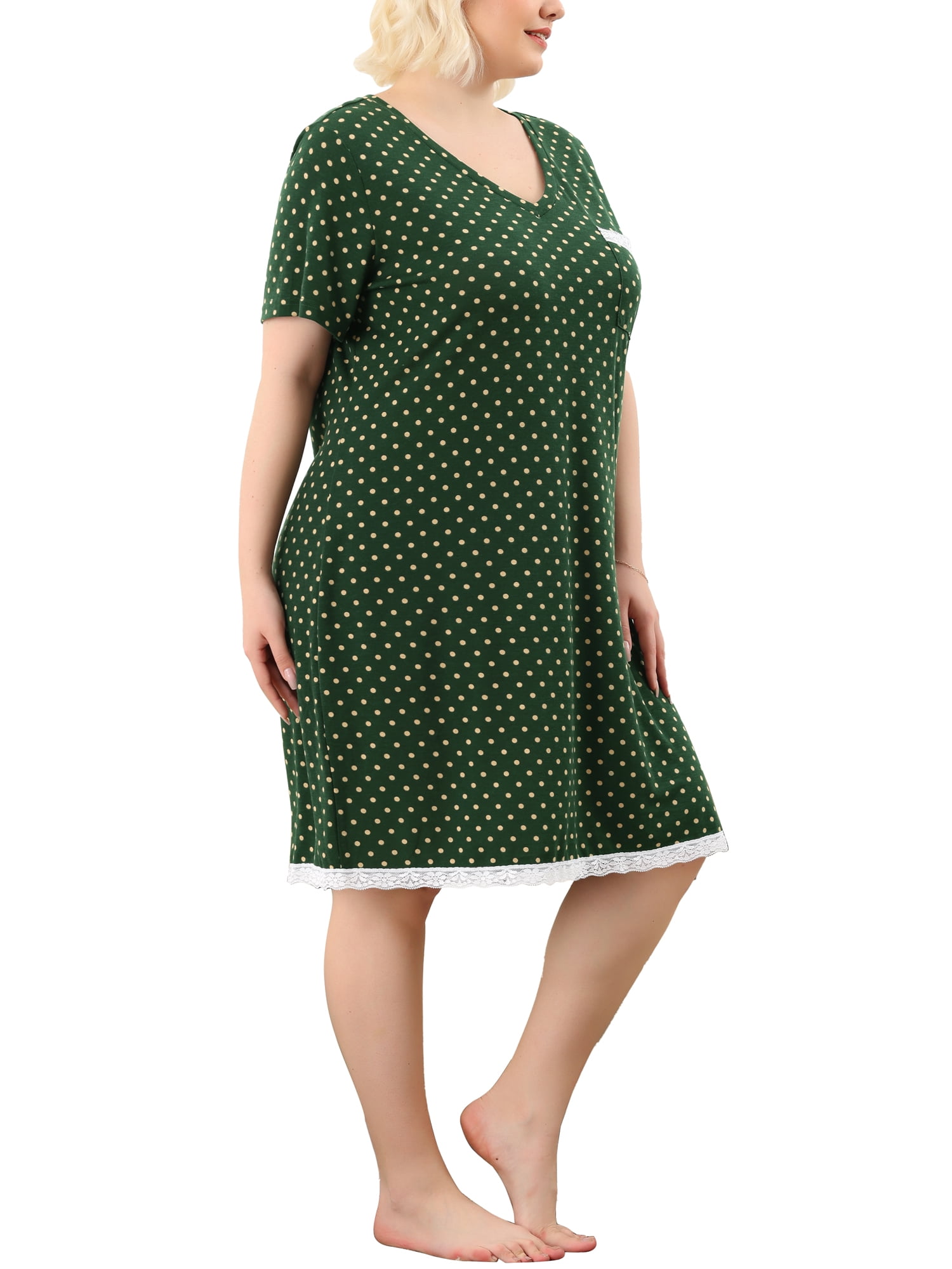 DARING DIVA Women's Plus Size Soft Short Sleeve Lace Trim Pajama Dress 1X Dark Green