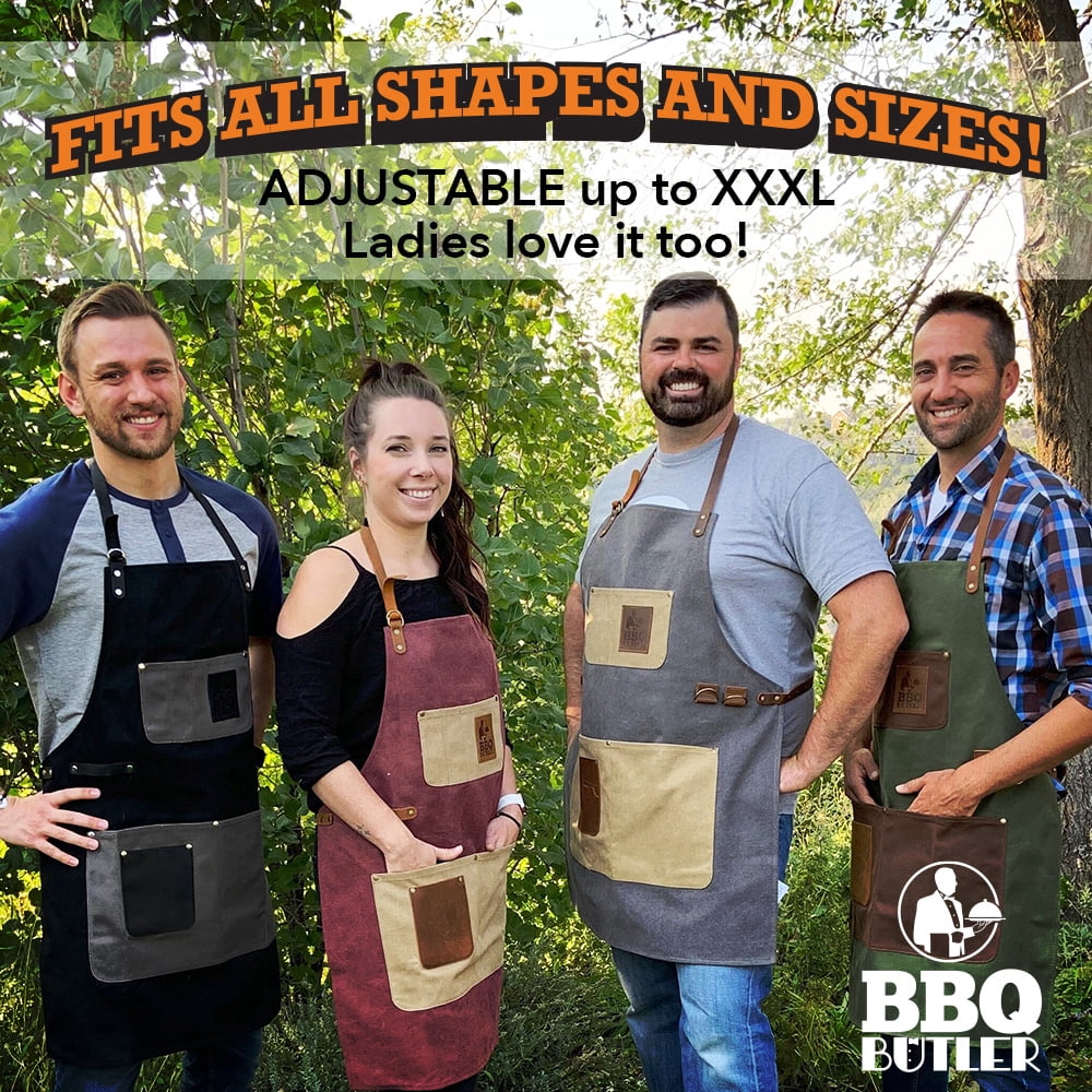 BBQ Butler Grilling Apron - Premium Waxed Canvas Apron - Deluxe Leather