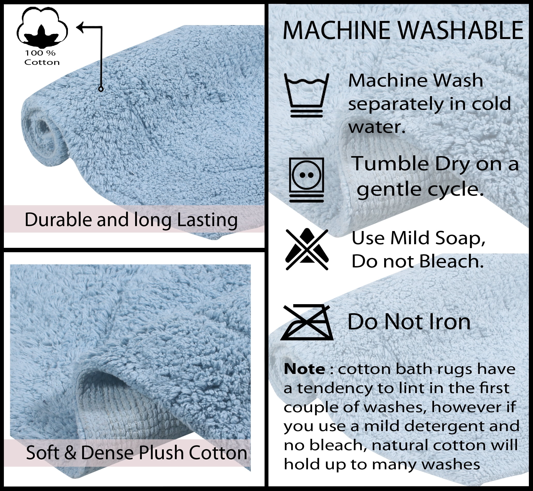 Home Weavers Waterford Collection 100% Cotton Non-Slip Bathroom Rug Set Machine Washable Bathroom Rug-17"x24", Bath Rug- 21"x34", Runner- 22"x60", Blue Color 3 Piece Bath rug set