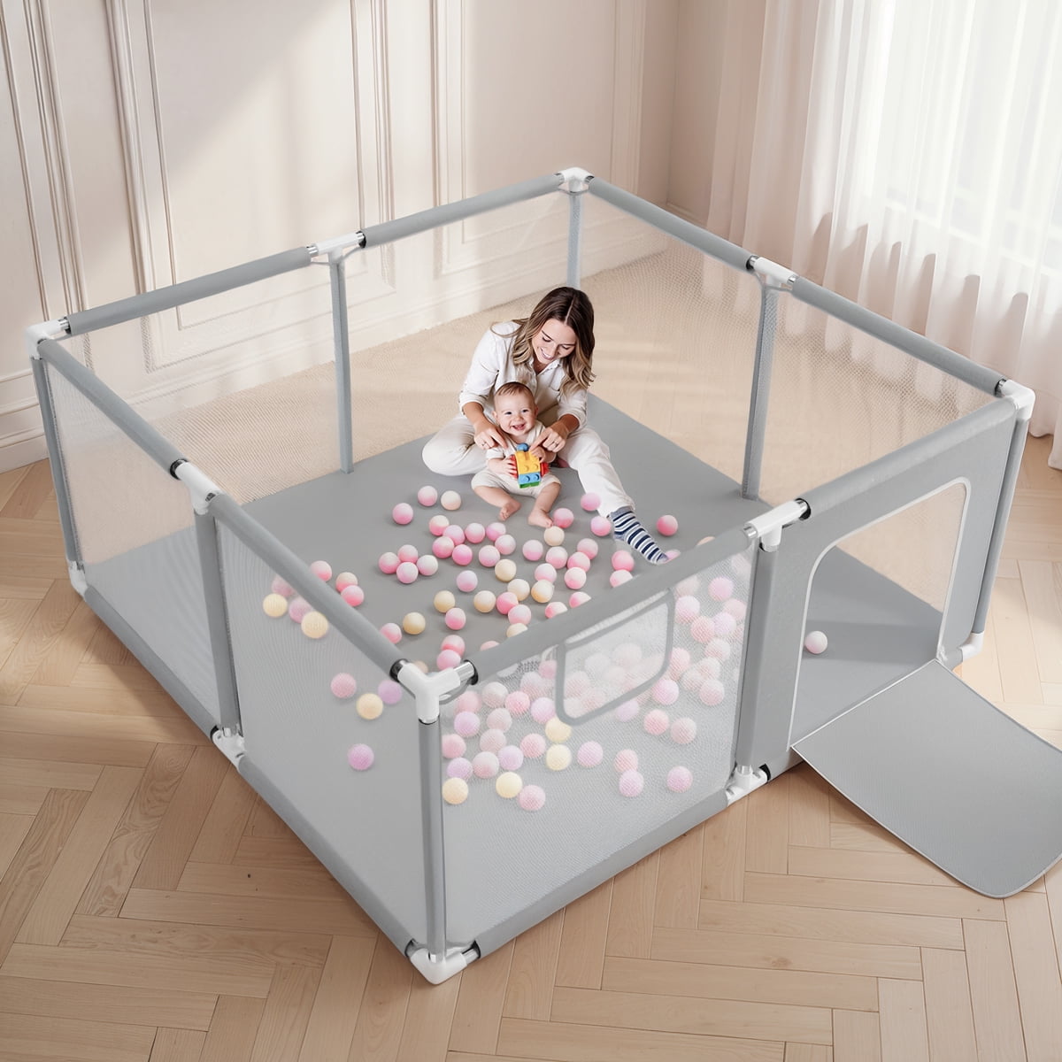 Baby Playpen, Outdoor Play Yard, Portable Play Yard 4-Panel- Baby Safety Playpen for Infant Toddler,Grey
