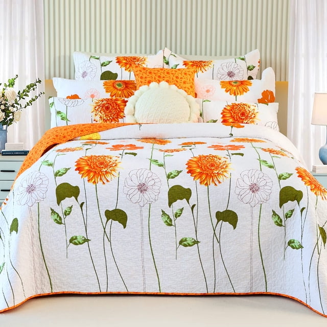 EVENHUG Juego de cama 100% algodón tamaño Queen con diseño de girasol naranja y floral, ligero edredón reversible con 2 fundas de almohada para todas las estaciones, 3 piezas (92 x 96 pulgadas)