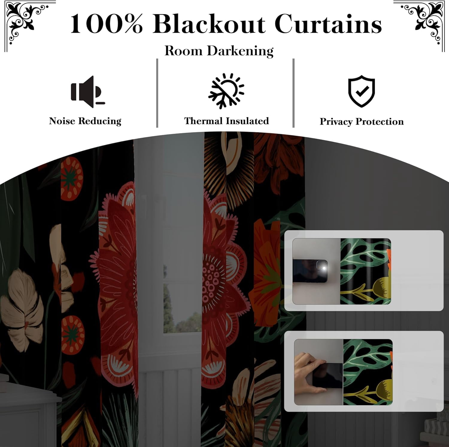 Tyrot 2 Panels Black Boho Floral 100% Blackout Curtains for Living Room Grommet Curtains, 52" x 84"