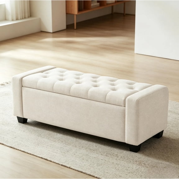 48" Ottoman with Storage, Storage Ottoman Bench with Safety Hinge, Upholstered Entryway Bench with Seating for Bedroom, Living Room, Holds up to 330 lb, Beige