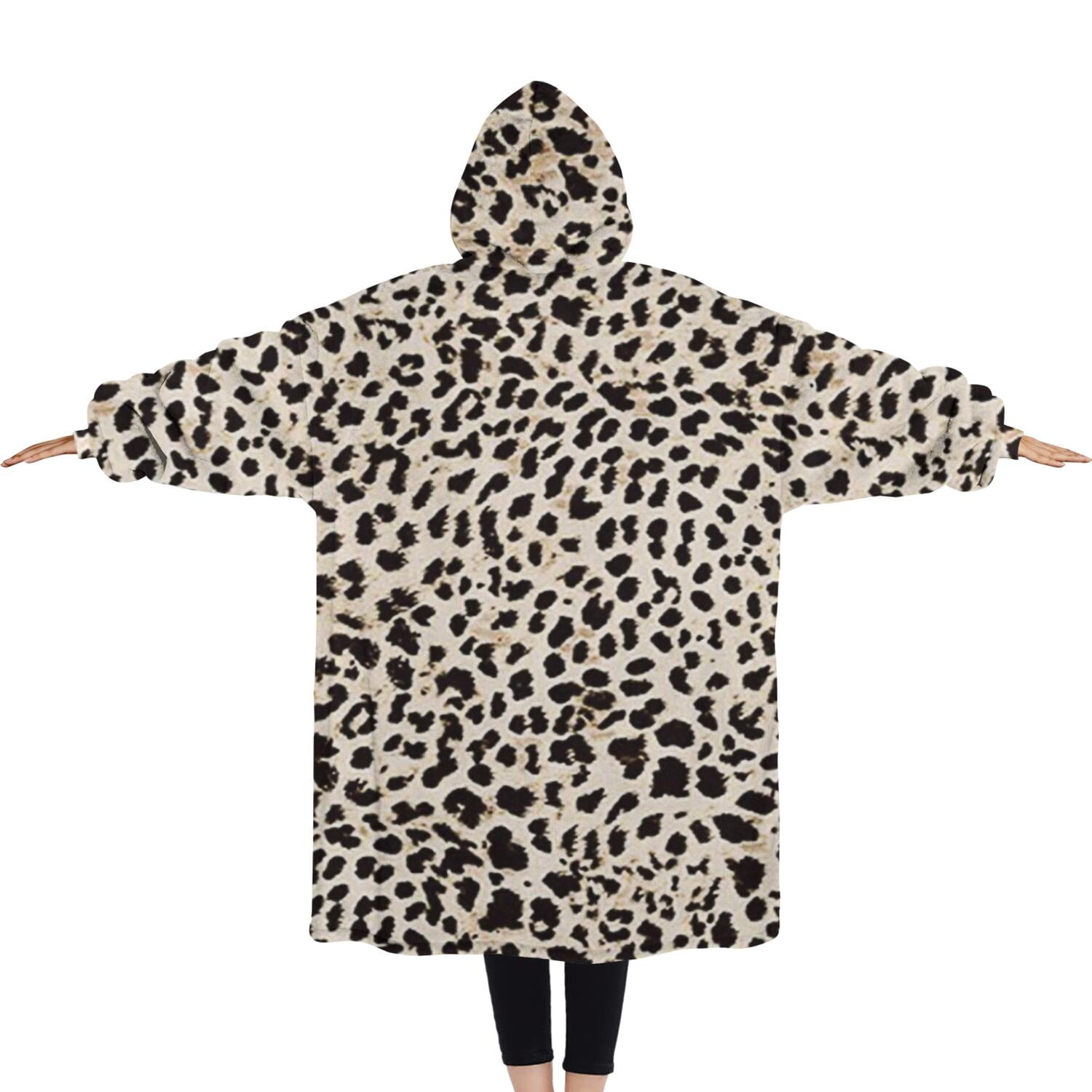 Oversized Wearable Blanket Hoodie,Black and Tan Leopard Print Sherpa Blanket Hoodie with Super Pockets,Super Warm Fuzzy Pullover for Women & Men