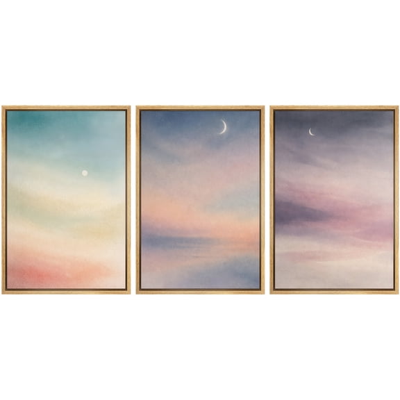 Framed Canvas Print Wall Art Set of 3 Soft Moonlit Sky Minimalist Modern Art for Living Room, Bedroom, Office - 16"x24"x3 NATURAL