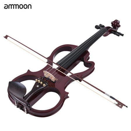 ammoon VE-201 Full Size 4/4 Solid Wood Silent Electric Violin Fiddle Maple Body Ebony Fingerboard Pegs Chin Rest Tailpiece with Bow Hard Case Tuner Headphones Audio Cable Extra Strings