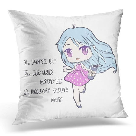 CMFUN Adorable Cute Wake Up and Drink Coffee Kawaii Anime Girl Big Eyes Other Things Baby Pillow Case Pillow Cover 20x20