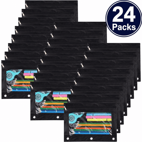 24 Packs 3 Rings Binders Pencil Pouch, 9.8 x 7.3 in Clear Window for Zipper Pencil Pouch, Pencil Pouch for Binders with Zipper Pulls Pocket, Office Supplies, Oxford PVC