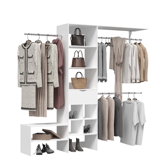 20"-99" Wooden Closet System with Drawers, Walk in Closet Organizer System with 3 Hanging Rods, Adjustable Built in Closets Systems