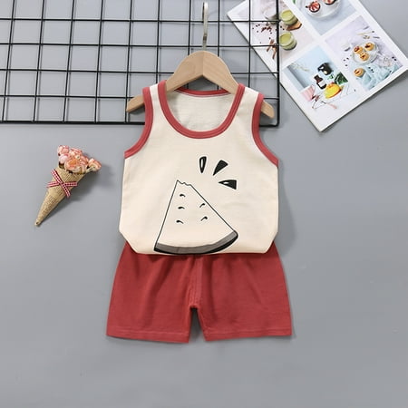 

WHLBF Toddler Kids Baby Boys Girls Cute Sleeveless Vest Shorts Cartoon Print Casual Suit Red 18-24Months(18-24Months)