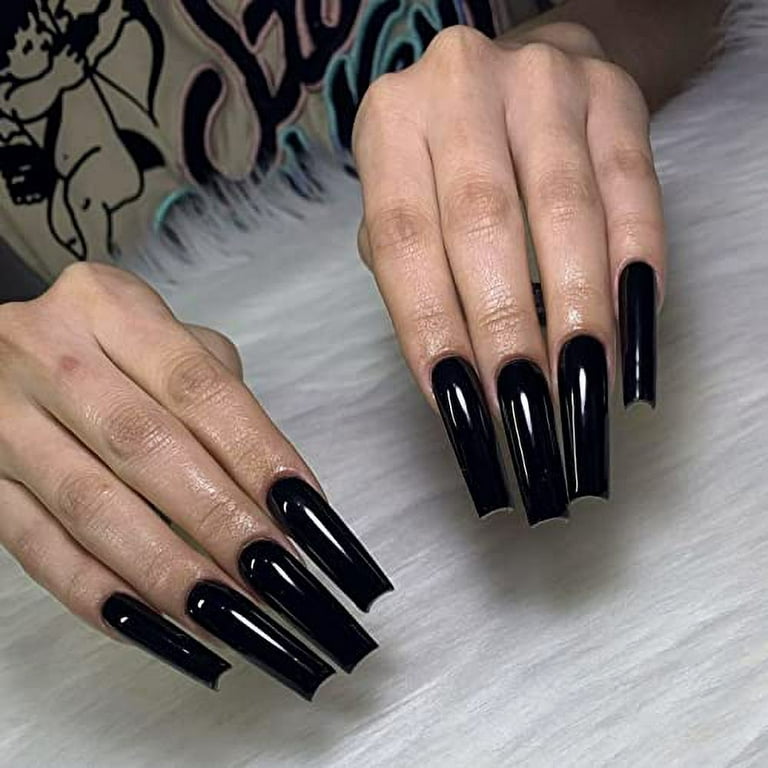Extra Long Press On Nails Coffin Black Glossy Fake Nails - Temu