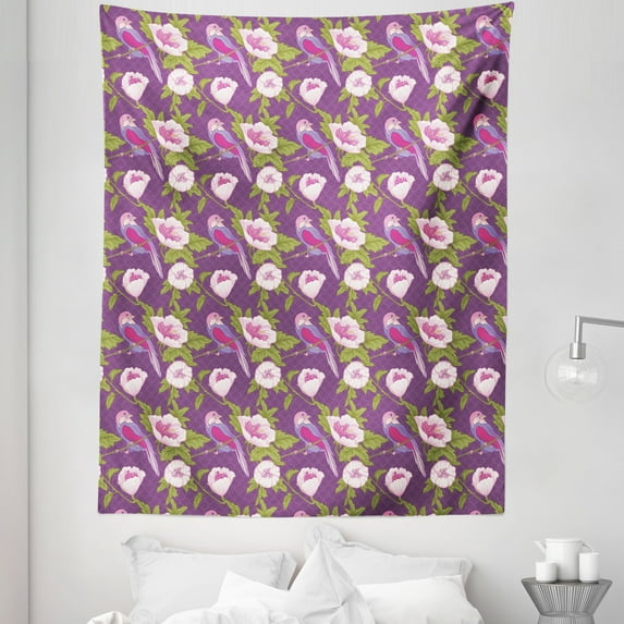 Japanese Pink Tapestry, Colorful Bird on Blossoming Flower Branch Retro Asian Circles, Fabric Wall Hanging Decor for Bedroom Living Room Dorm, 5 Sizes, Eggplant and Multicolor, by Ambesonne
