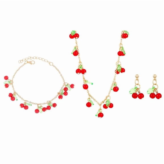 Playful Strawberry/Cherries Pendant Necklace with Matching Bracelet Earrings
