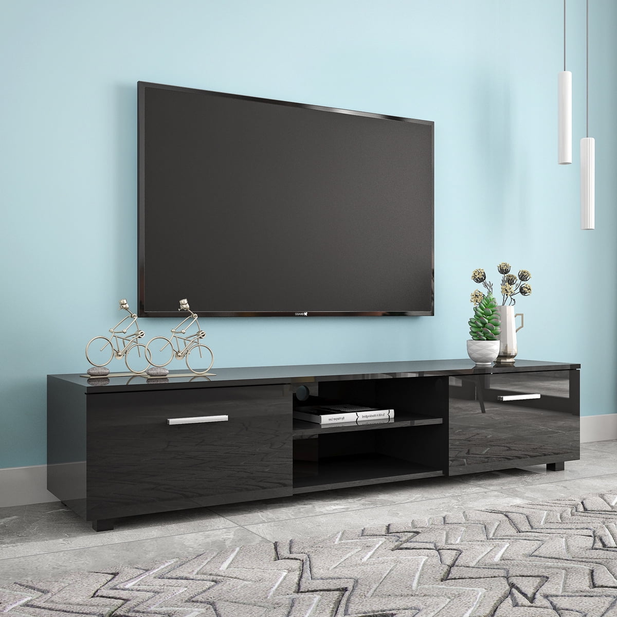 TV Console Stand Entertainment Media Black Center For 42 50 60 Inch Flat Screen 