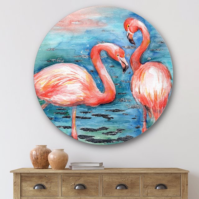 Designart - Flamants Roses dans l'Eau Bleue I - Art Mural en Métal de Ferme