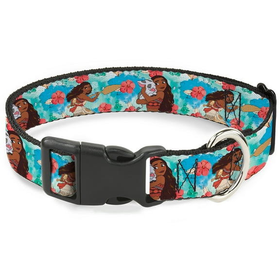 Disney Pet Collar, Dog Collar Plastic Buckle, Moana Poses and Pua Flowers Blues, 7 to 8.5 Inches 0.5 Inch Wide