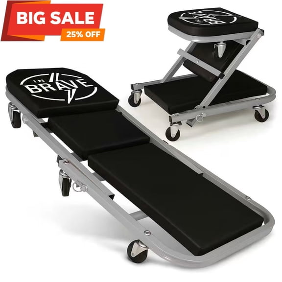 InBrave 36" 2-in-1 Folding Creeper and Seat, Triplex Foldable Mechanic's Creeper with 6 Swivel Casters, Low Profile Garage Stool, 330 lbs Capacity (Red)