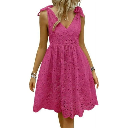 XiaoBanDeng Women s Sexy Spaghetti Strap Eyelet Lace Babydoll Dress A Line Beach Party Short Sun Dress