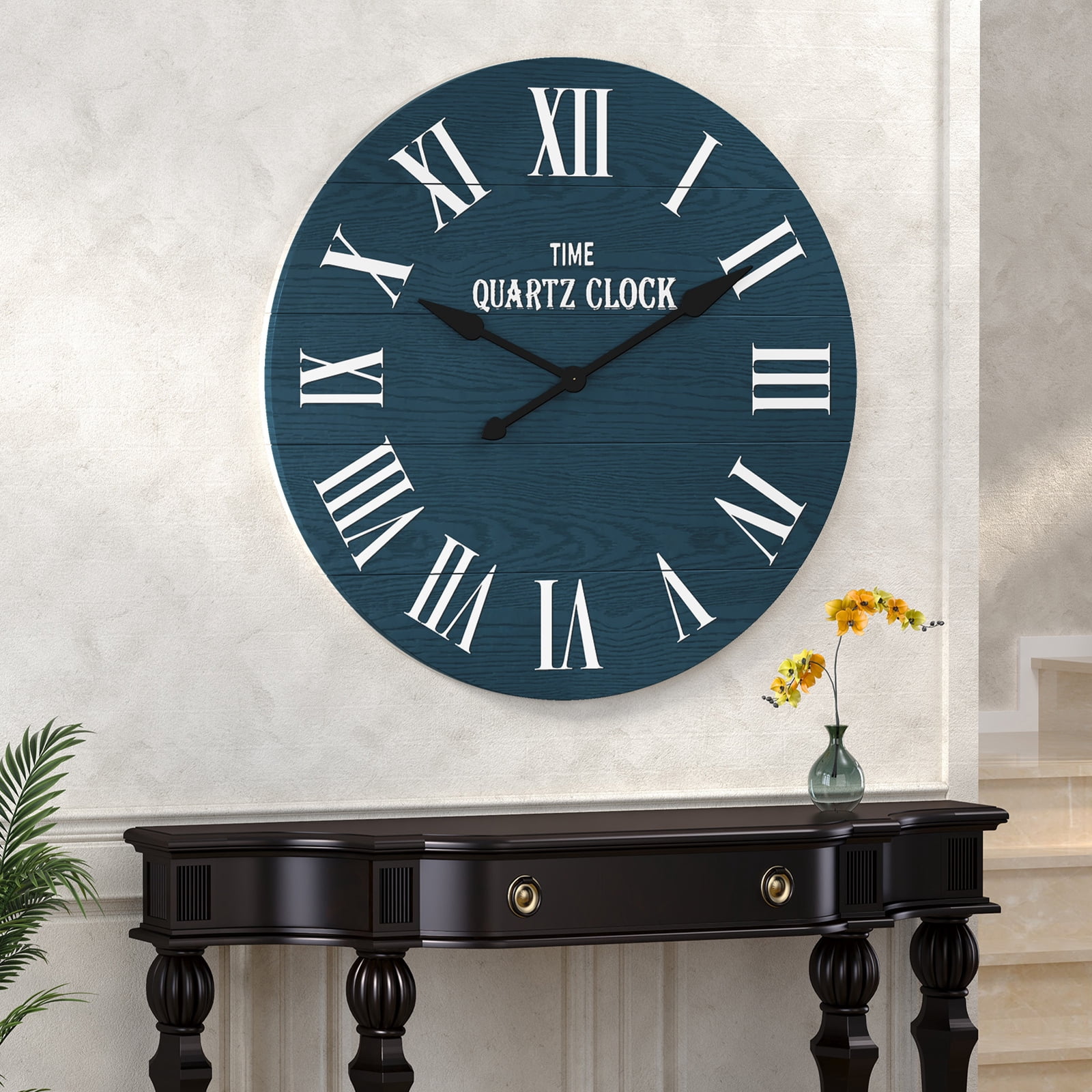 HLR 35.5” Farmhouse Large Shiplap Round Wall Clock with Roman Numeral for Living Room Decor, Navy Blue