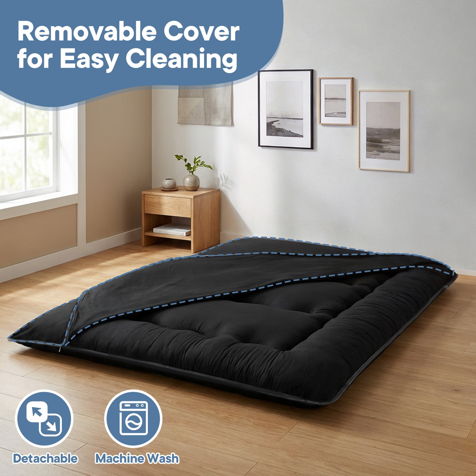 Sweetcrispy Twin Japanese Floor Mattress with Washable Cover, Folding Memory Foam Sleeping Mat for Dorm, Camping & Guest Room, Black