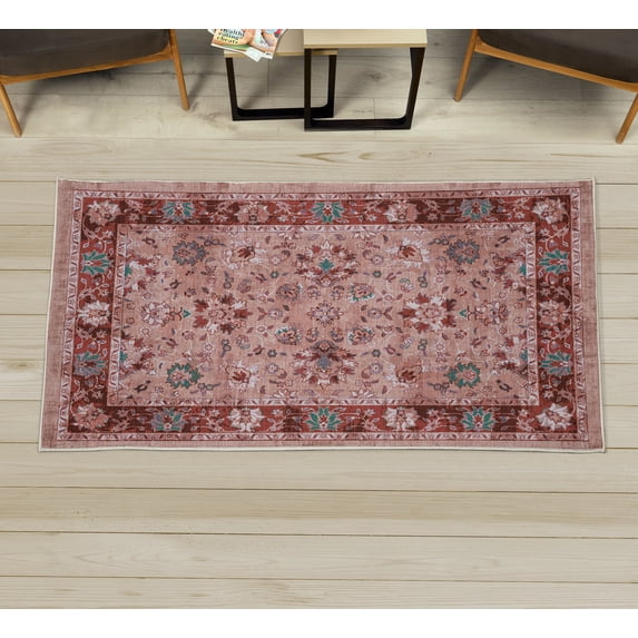 Floral Decorative Rug, Wide Leaves Romantic Style Swirling Blossoms Daisy Spring Old Times Art, Quality Carpet for Bedroom Dorm and Living Room, 6 Sizes, Pale Salmon Rust Teal, by Ambesonne