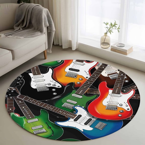 Round Area Rugs Collection 3 Ft, Guitar Non-Slip Residential Carpet, Cartoon Modern Colorful Guitars Indoor Crawling Mats Doormat Runner Rugs Play Mat for Bedroom