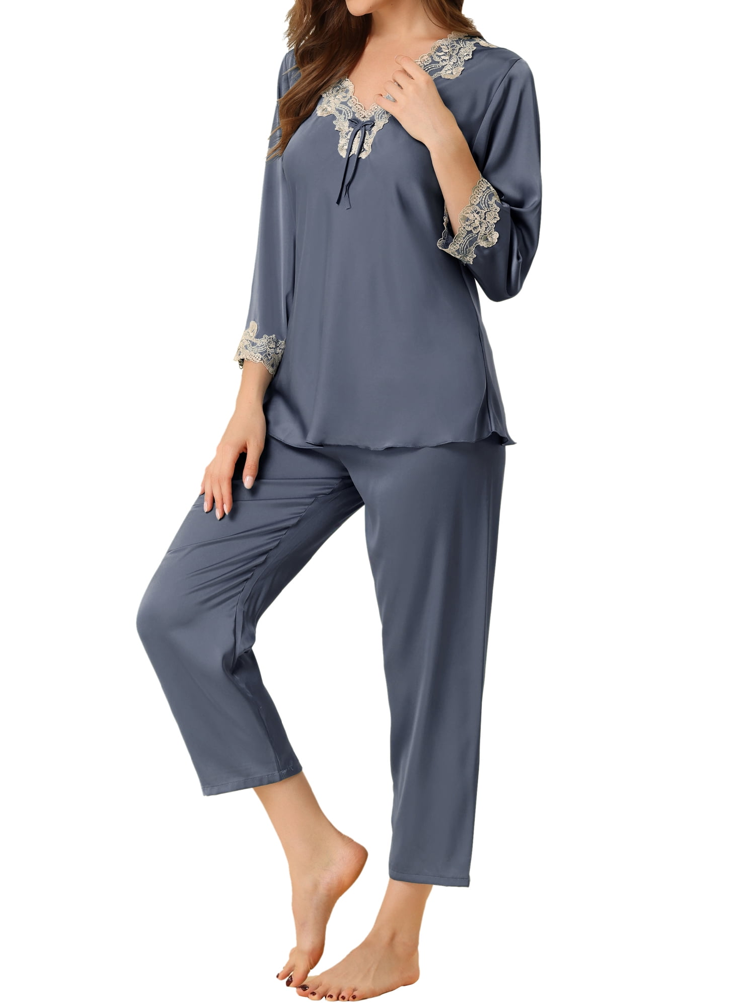 Unique Bargains Women’s Satin Pajama Lace Trim Night Suit Lounge Sleepwear Sets