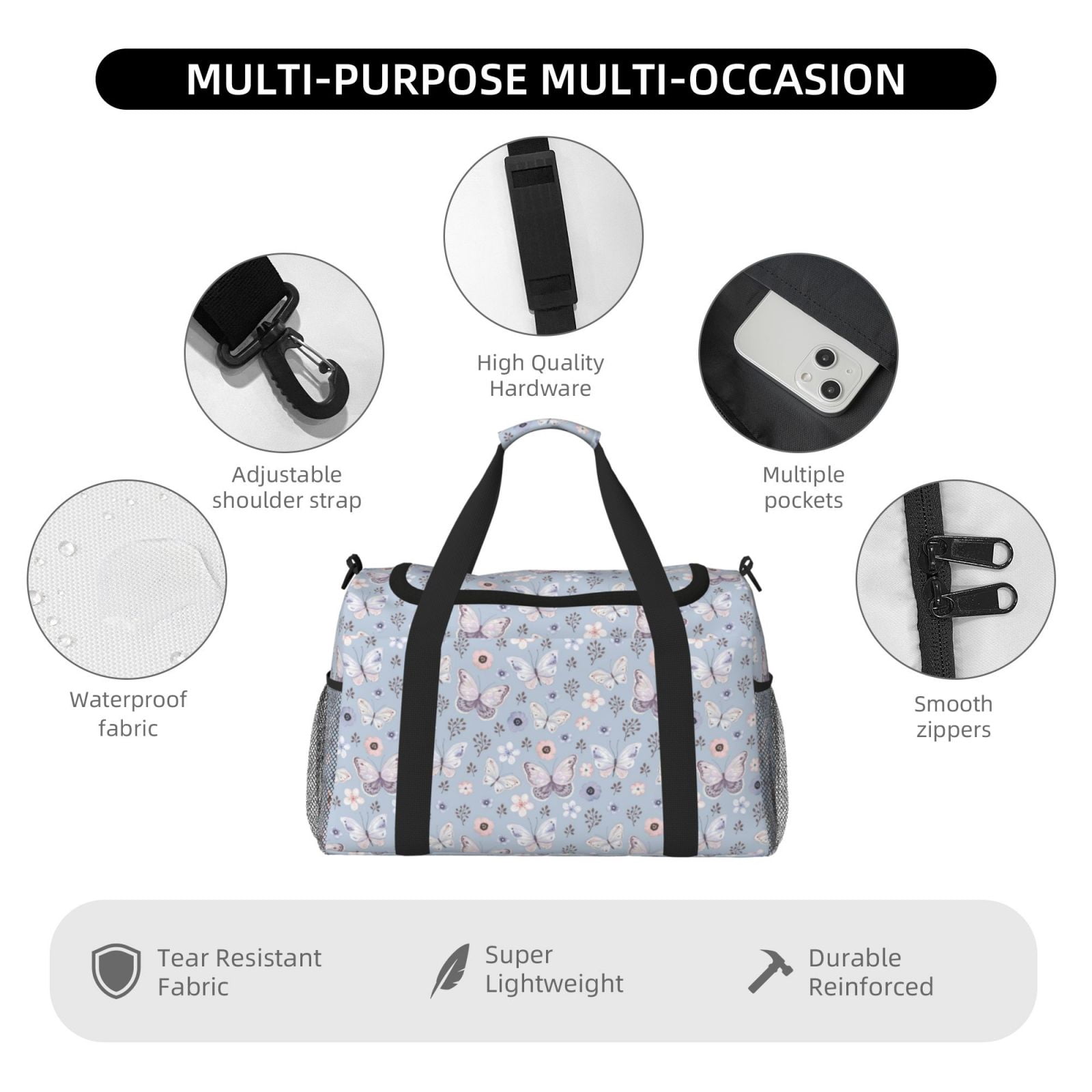 Fuzoiu Blue Butterfly Print Travel Duffle Bag,Carry On Tote Bags,Duffel Bag,Sport Gym Bag, Hospital Bag for Labor and Delivery, Overnight Bag,Luggage Bag
