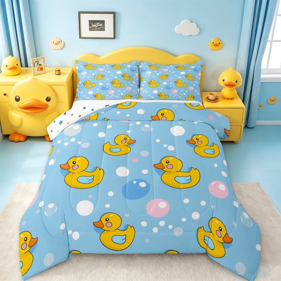 jejeloiu Lovely Duck Bedding Comforter Set,Cute Balloon Twin Comforter Sets,Yellow Blue Bedding Set For Kids Teens,Super Cozy Room Decor Reversible,2-Piece