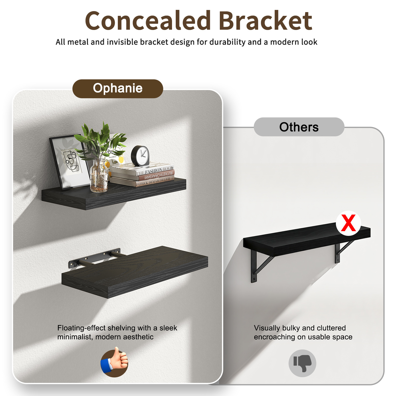 Ophanie 16 Inch Wood Floating Shelves, Black, Set of 3 photo 3