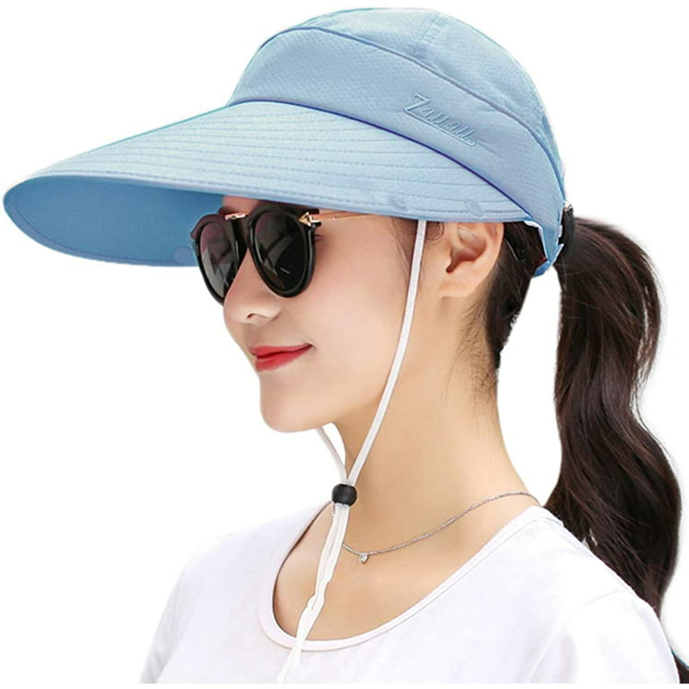 Women Sun Wide Brim UV Protection Fishing Hats Ponytail with Detachable Flap