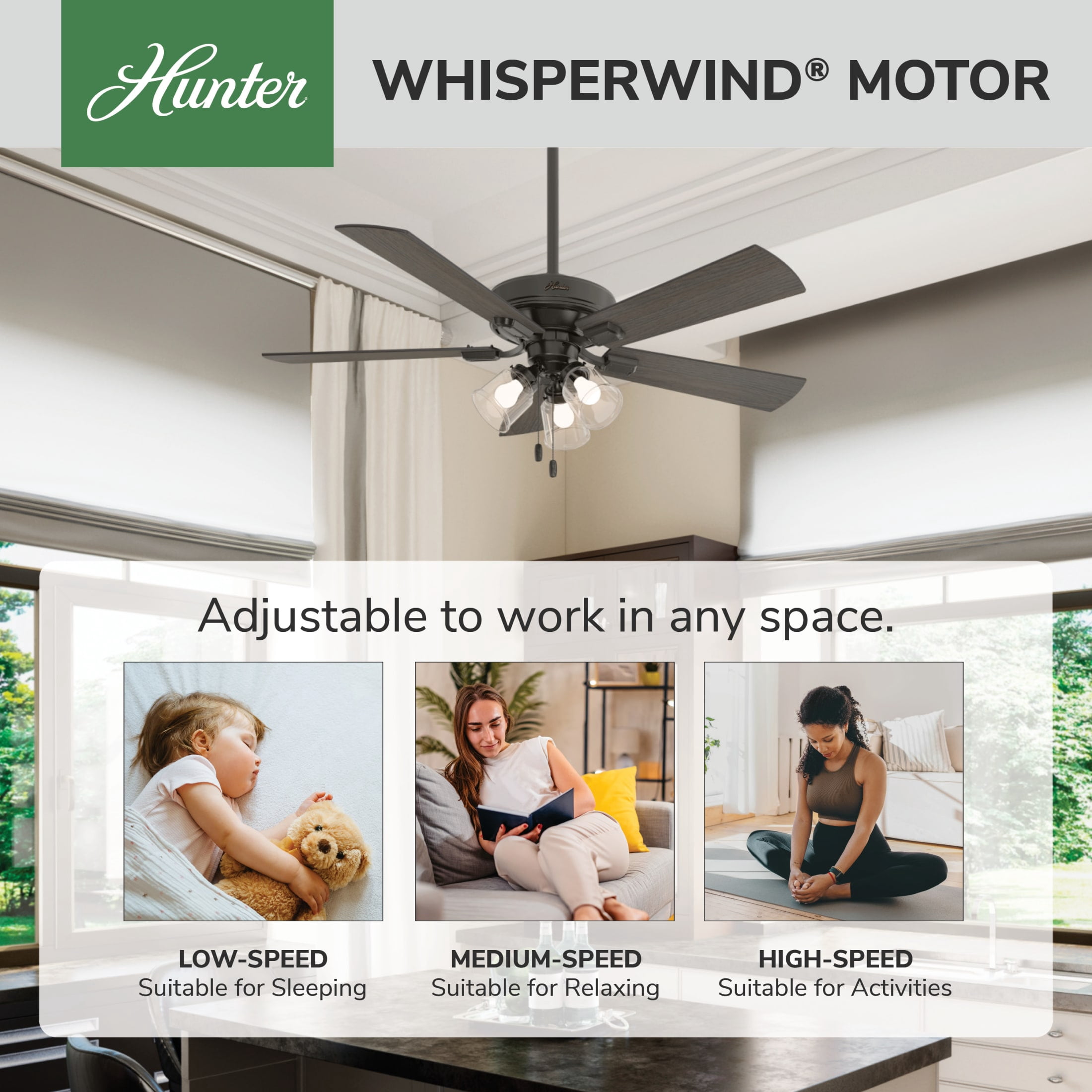 Hunter 52 inch Indoor Ceiling Fan with LED Lights and Pull Chain - Standard Mount Bronze Ceiling Fan, 5 Blades, For Bedroom, Living Room, or Kitchen, 3 inch Downrod - Crestfield 54205, Noble Bronze